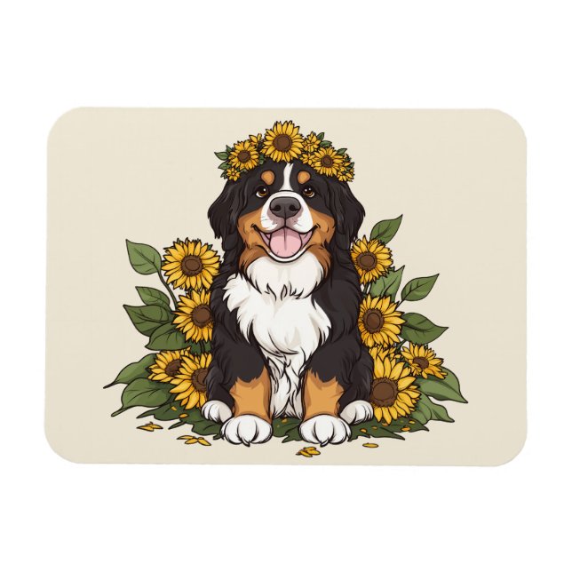 Cute Bernese Mountain Dog Wearing Sunflower Crown Magnet (Horizontal)