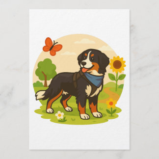 Cute Bernese Mountain Dog with Sunflower & Butterf Einladung