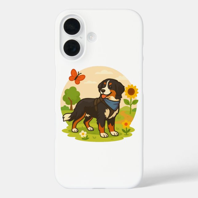 Cute Bernese Mountain Dog with Sunflower & Butterf iPhone 16 Hülle (Rückseite)