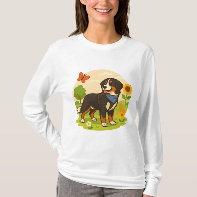 Cute Bernese Mountain Dog with Sunflower & Butterf T-Shirt (Vorderseite)