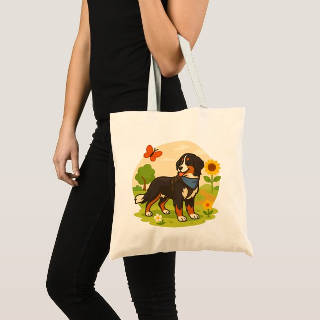 Cute Bernese Mountain Dog with Sunflower & Butterf Tragetasche (Vorderseite (Produkt))