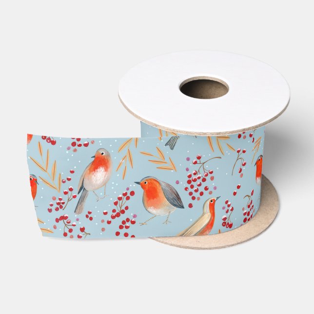 Cute Bird Blue Robin Winter Christmas Pattern Satinband (Spule)