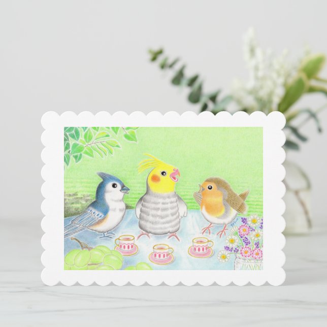 Cute Birds Tea Party Flat Card Dankeskarte (Stehend Vorderseite)
