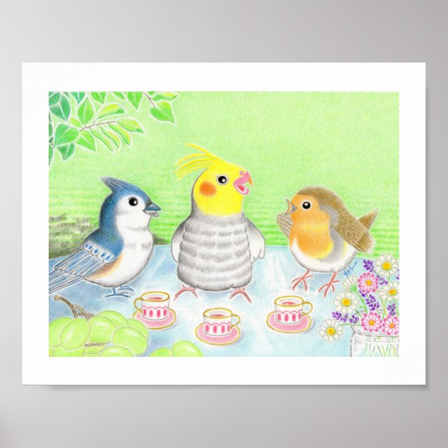 Cute Birds Tea Party Nursery Art Print Poster (Vorne)