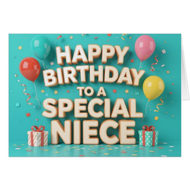 Cute Birthday Balloons and Gifts Card for Niece (Vorderseite (Horizontal))