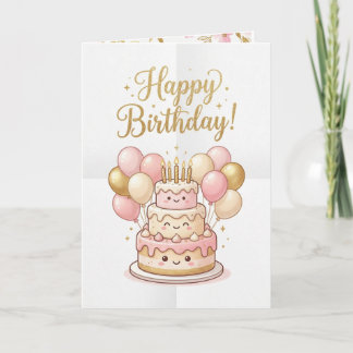 Cute Birthday Card | Pink & Gold Cake Balloons🎉 Karte