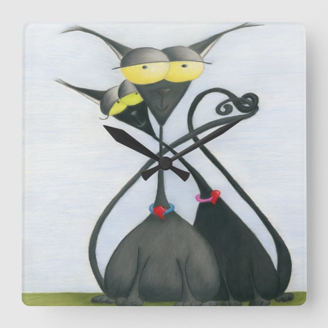 Cute Black and Grey Cat Cartoon Quadratische Wanduhr (Vorderseite)