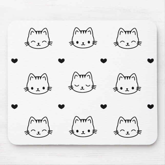 Cute Black and White Cat and Heart Pattern Mousepad (Vorne)