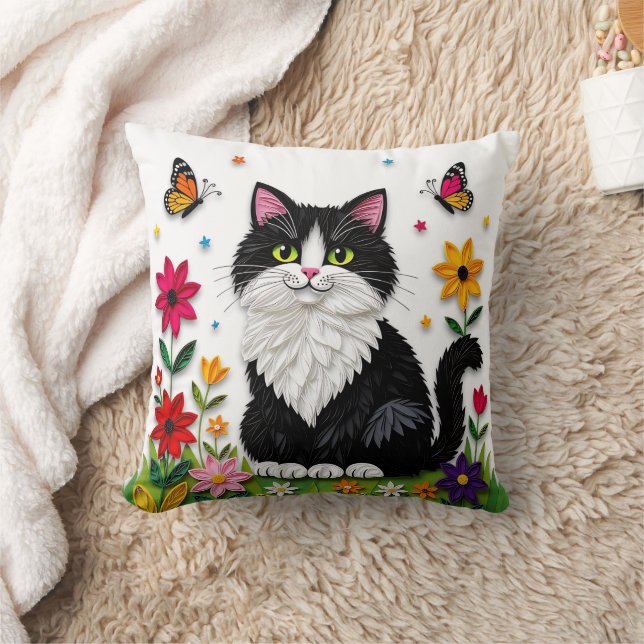 Cute Black and White Cat, Flowers and Butterflies Kissen (Decke)