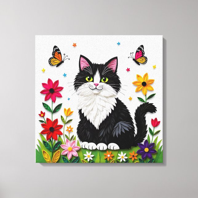 Cute Black and White Cat, Flowers and Butterflies Leinwanddruck (Vorderseite)