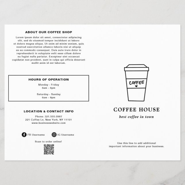 Cute Black and White Coffee Cup Coffee Shop Menu Flyer (Vorne)