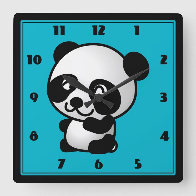 Cute black and white panda bear cartoon graphic quadratische wanduhr (Vorderseite)