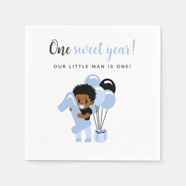 Cute Black Baby Boy Blue Balloon First Birthday Serviette (Vorderseite)