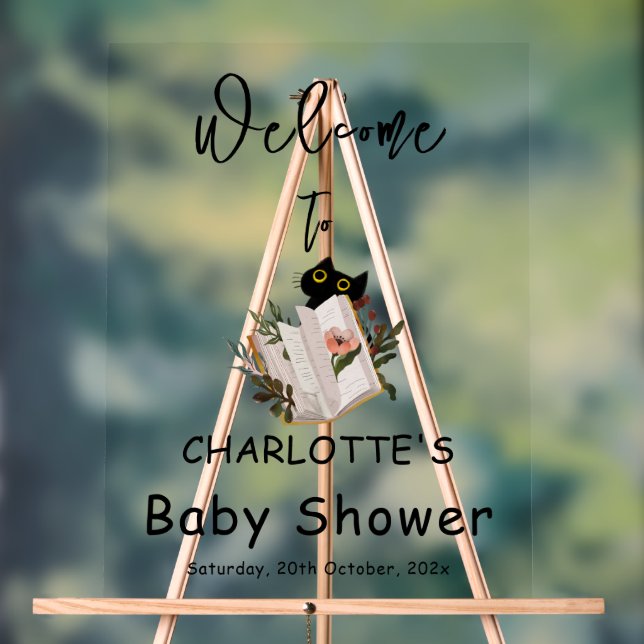 Cute Black Cat and Book Baby Shower Welcome (Neutre)