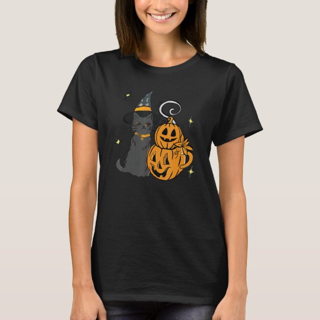 Cute Black Cat And Pumpkin Face Halloween Trendy C T-Shirt (Vorderseite)
