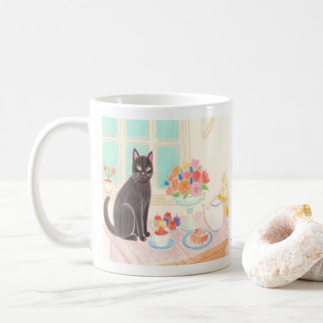 Cute Black Cat at Tea Party Mug (Avec donut)