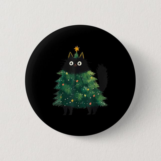 Cute Black Cat Christmas Tree Funny Kitten Lover X Button (Vorderseite)