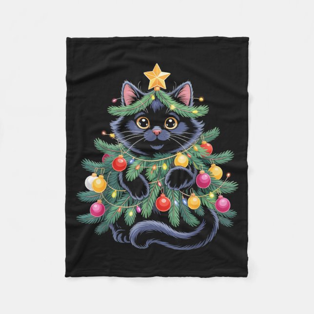 Cute Black Cat Christmas Tree Funny Kitten Lover X Fleecedecke (Vorderseite)