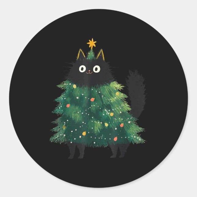 Cute Black Cat Christmas Tree Funny Kitten Lover X Runder Aufkleber (Vorderseite)