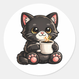 Cute Black Cat Coffee – Cozy Kawaii Cat Illustrati Runder Aufkleber