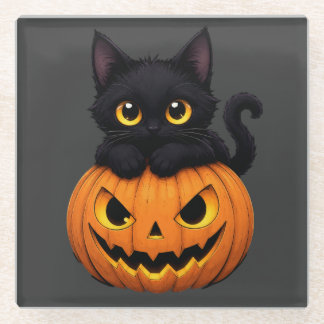 Cute Black Cat in Pumpkin Halloween Glasuntersetzer