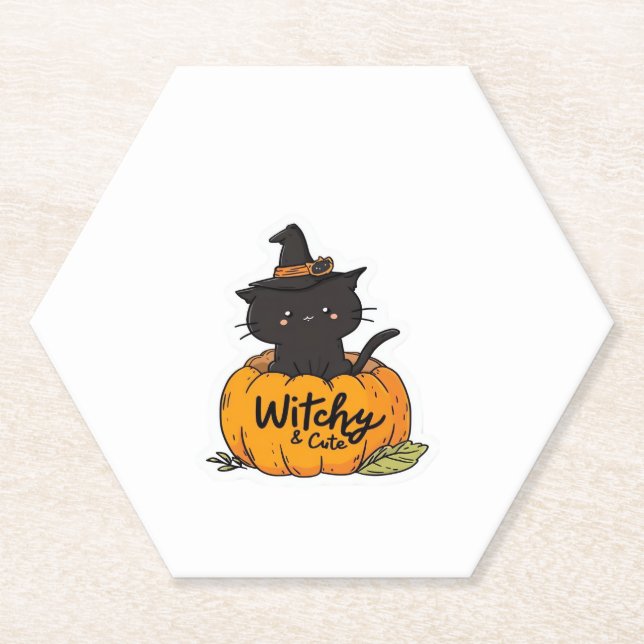 Cute black cat in pumpkin with witch hat, kawaii s untersetzer (Vorderseite)