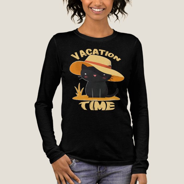 Cute Black Cat in Sun Hat – Vacation Time Tri-Blend Shirt (Vorderseite)