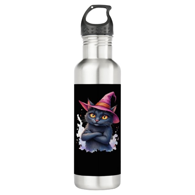 Cute Black Cat in Witch Hat � Magical Halloween Ar Edelstahlflasche (Vorderseite)
