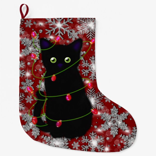 Cute black cat Meowy Christmas sparkling snowflake Großer Weihnachtsstrumpf (Vorderseite)
