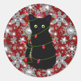 Cute black cat Meowy Christmas sparkling snowflake Runder Aufkleber