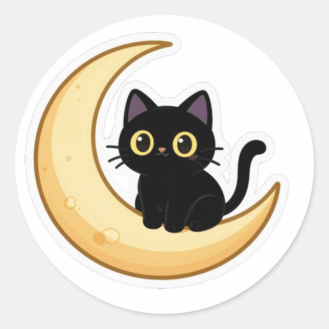 Cute Black Cat on Crescent Moon Sticker (Vorderseite)