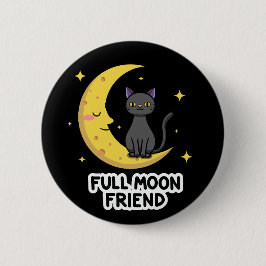 Cute Black Cat on Moon - Full Moon Friend Button