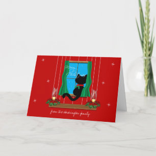 Cute Black Cat Snowy Window Merry Feiertagskarte