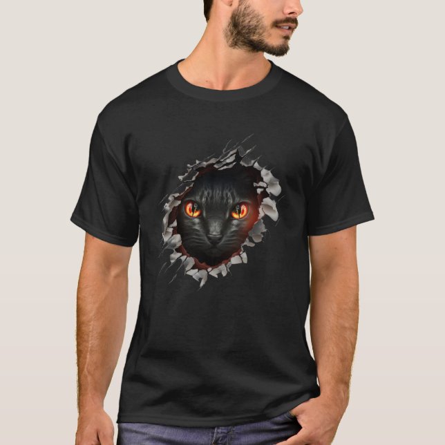 Cute Black Cat Torn Hole T-Shirt (Vorderseite)