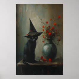 Cute Black Cat Witch With Dark Botanicals, Dark Poster
