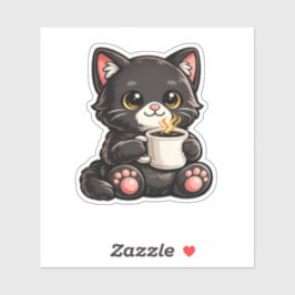 Cute Black Cat with Coffee Aufkleber