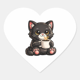 Cute Black Cat with Coffee Herz-Aufkleber