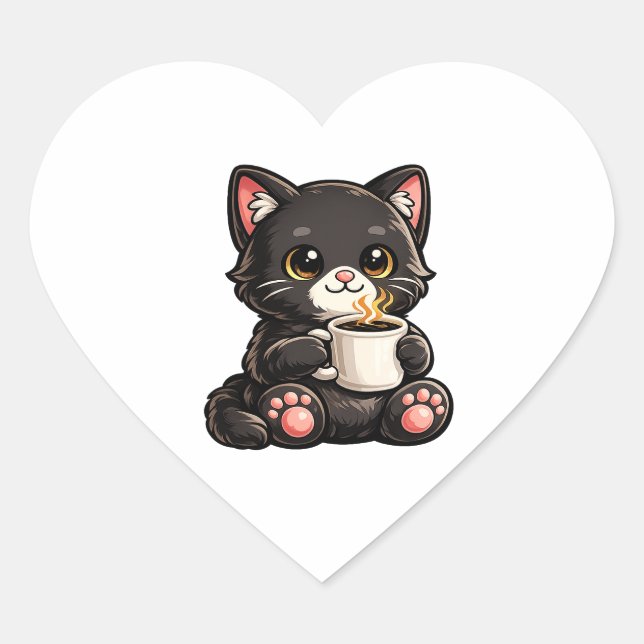 Cute Black Cat with Coffee Herz-Aufkleber (Vorderseite)