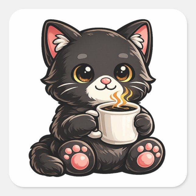 Cute Black Cat with Coffee Quadratischer Aufkleber (Vorderseite)