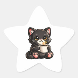 Cute Black Cat with Coffee Stern-Aufkleber