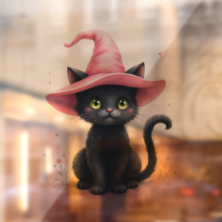 Cute Black Cat with Pink Witch Hat Halloween Windo Fensteraufkleber