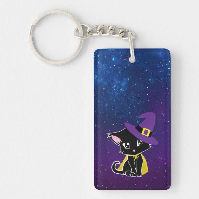 Cute Black Cat Wizard Under the Stars Keychain (Devant)