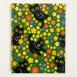 Cute Black Cats Floral Meadow Pattern