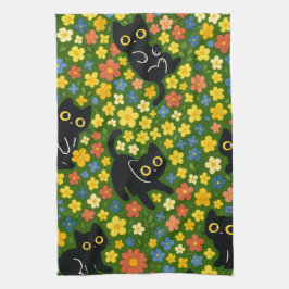 Cute Black Cats Floral Meadow Pattern Geschirrtuch