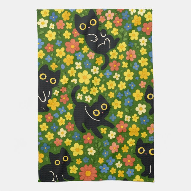 Cute Black Cats Floral Meadow Pattern Geschirrtuch (Vertikal)