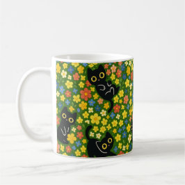 Cute Black Cats Floral Meadow Pattern Kaffeetasse