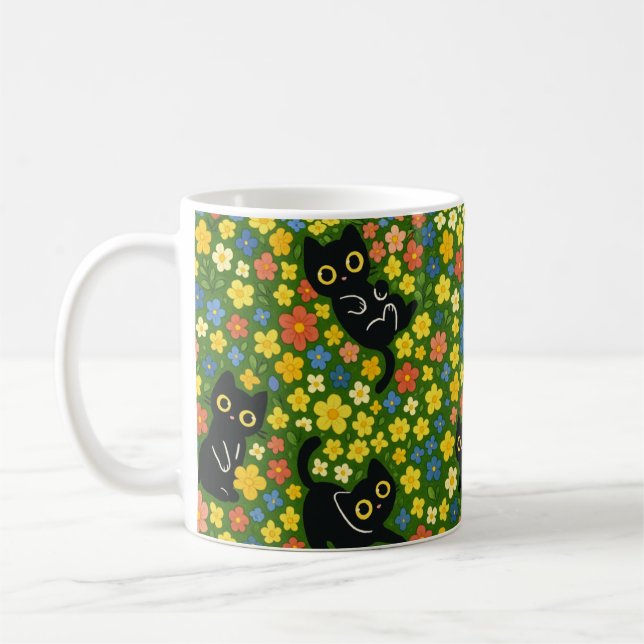 Cute Black Cats Floral Meadow Pattern Kaffeetasse (Links)
