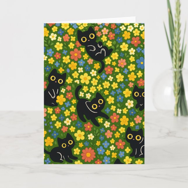 Cute Black Cats Floral Meadow Pattern Karte (Vorderseite)