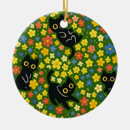 Cute Black Cats Floral Meadow Pattern Keramik Ornament