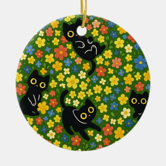 Cute Black Cats Floral Meadow Pattern Keramik Ornament (Vorne)